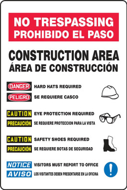 Contractor Preferred Bilingual Site Safety Signs: No Trespassing - Construction Area 48" x 36" Aluminum SA 1/Each - SBECRT518CA