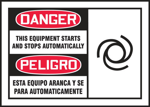 OSHA Danger Safety Labels: This Equipment Starts And Stops Automatically 3 1/2" x 5" Adhesive Vinyl 5/Pack - SBLEQM190VSP