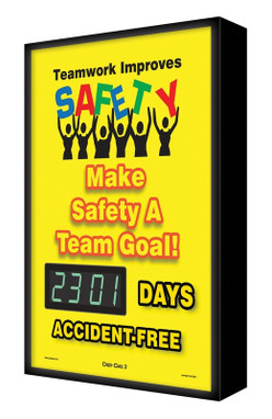 Backlit Digi-Day 3 Electronic Scoreboards: Teamwork Improves Safety - Make Safety A Team Goal - _ Days Accident Free 28" x 20" 1/Each - SCF301