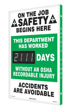 Digi-Day® 3 Electronic Scoreboards: This Department Has Worked _Days Without An OSHA Recordable Injury 28" x 20" - SCK111