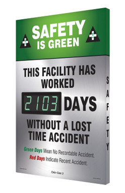 Digi-Day 3 Electronic Safety Scoreboards: Safety Is Green This Facility Has Worked ___ Days Without A Lost Time Accident Spanish 28" x 20" Aluminum Face 1/Each - SHSCK103