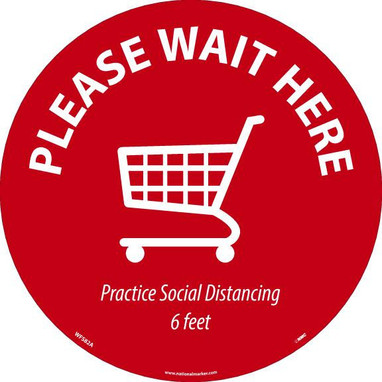 Temp Step - Please Wait Here Shopping Cart - Red/White - 8 X 8 -Non-Skid Smooth Adhesive Backed Removable Vinyl - Pk10 - WFS82A10