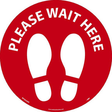 Temp Step - Please Wait Here Footprint - Red/White - 8 X 8 -Non-Skid Smooth Adhesive Backed Removable Vinyl - WFS83ARD