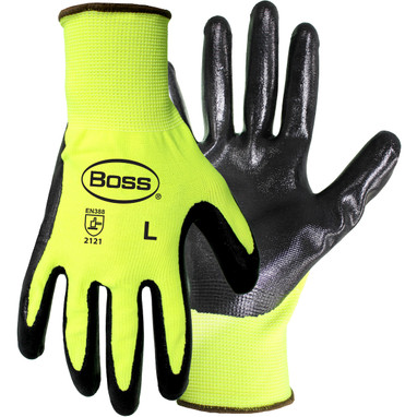 Boss Hi-Vis Seamless Knit Polyester Glove w/Nitrile Coated Smooth Grip on Palm & Fingers - Yellow - 12/PR - 1UH7802