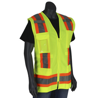 PIP ANSI Type R Class 2 Women's Contoured Two-Tone Eleven Pocket Surveyors Vest w/Solid Front & Mesh Back - Hi-Vis Yellow - 1/EA - 302-0512