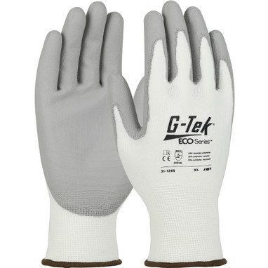 G-Tek ECO Series Seamless Knit Recycled Yarn / Sp&ex Blended Glove w/Polyurethane Coated Flat Grip on Palm & Fingers - White - 1/DZ - 31-131R