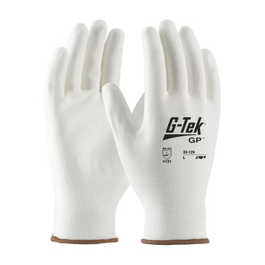 G-Tek Seamless Knit Nylon Blend Glove w/Polyurethane Coated Flat Grip on Palm & Fingers - White - 1/DZ - 33-125