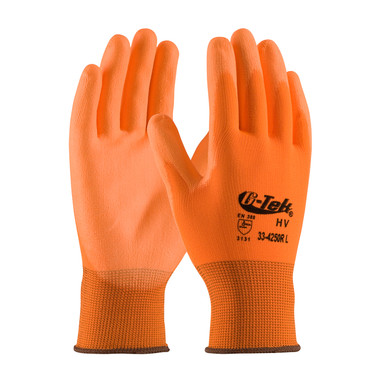 G-Tek Hi-Vis Seamless Knit Polyester Glove w/Polyurethane Coated Flat Grip on Palm & Fingers - Orange - 1/DZ - 33-425OR