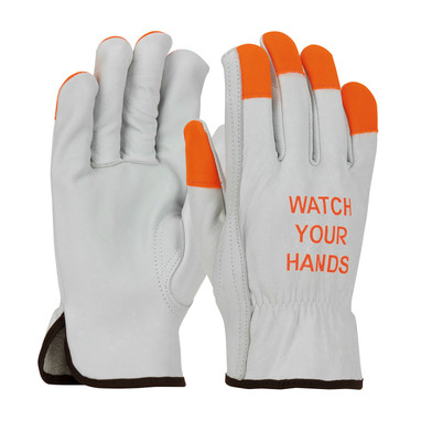 PIP Economy Grade Top Grain Cowhide Leather Drivers Glove w/Hi-Vis Fingertips & "WATCH YOUR H&S" Logo - Keystone Thumb - Natural - 1/DZ - 68-162HV