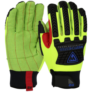 R2 Safety Rigger Green Corded Palm w/Fabric Back & TPR Impact Protection - Insulated Waterproof - Hi-Vis Yellow - 6/PR - 87812
