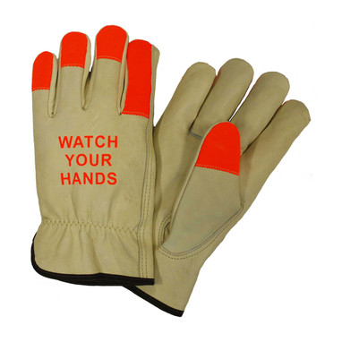 PIP Regular Grade Top Grain Cowhide Leather Drivers Glove w/Hi-Vis Fingertips & "WATCH YOUR H&S" Logo - Keystone Thumb - Natural - 1/DZ - 990KOT