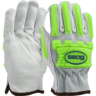 Boss Top Grain Leather Drivers Glove w/Split Cowhide Back  Kevlar Stitching & Hi-Vis Impact TPR - Cotton Liner - Natural - 12/PR - 997KBC