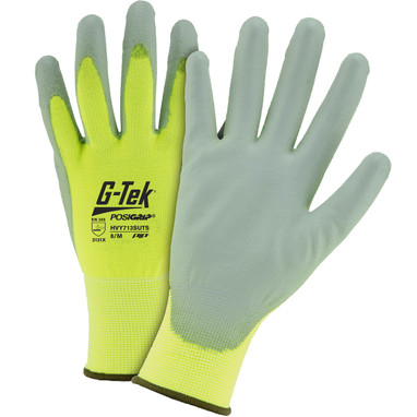 G-Tek PosiGrip Hi-Vis Seamless Knit Polyester Blend Glove w/Polyurethane Coated Flat Grip on Palm & Fingers - Touchscreen - Yellow - 1/DZ - HVY713SUTS