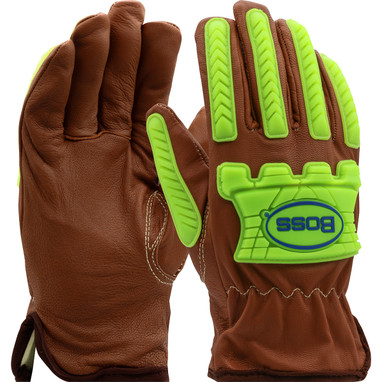 Boss Xtreme AR Top Grain Goatskin Leather Drivers Glove w/Oil Armor Finish & Para-Aramid Lining - TPR Impact Protection - Brown - 12/PR - KS993KOAB