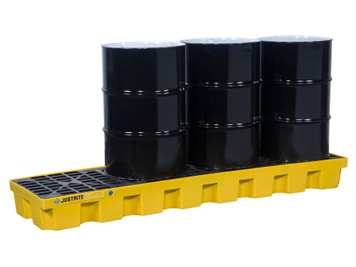 Justrite Ecopolyblend Spill Control Pallet - 4 Drum In-Line - 30% Recycled Polyethylene - Yellow - 28630