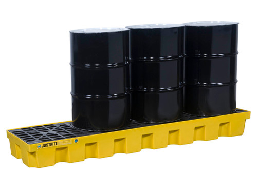 Justrite Ecopolyblend Spill Control Pallet With Drain - 4 Drum In-Line - 30% Recycled Polyethylene - Yellow - 28632