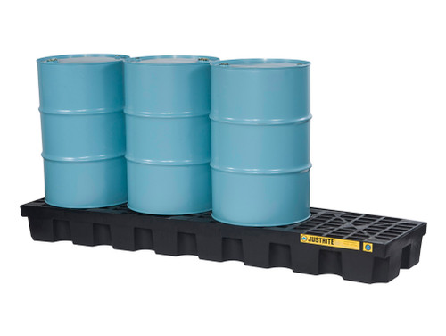 Justrite Ecopolyblend Spill Control Pallet With Drain - 4 Drum In-Line - 100% Recycled Polyethylene - Black - 28633