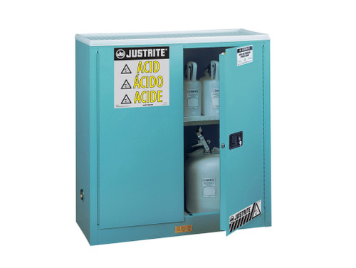 Justrite Sure-Grip Ex Corrosives/Acid Stl Safety Cabinet - Dims. 44"H - Cap. 30 Gal. - 1 Shlf - 2 M/C Drs - Blue - 893002