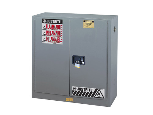 Justrite Sure-Grip Ex Flammable Safety Cabinet - Dims. 44"H - Cap. 30 Gal. - 1 Shelf - 2 M/C Doors - Gray - 893003