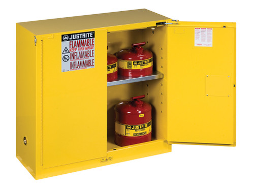 Justrite Sure-Grip Ex Flammable Safety Cabinet - Cap. 30 Gallons - 1 Shelf - 2 Self-Close Doors - Yellow - 893020