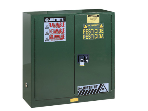 Justrite Sure-Grip Ex Pesticides Safety Cabinet - Cap. 30 Gallons - 1 Shelf - 2 Self-Close Doors - Green - 893024