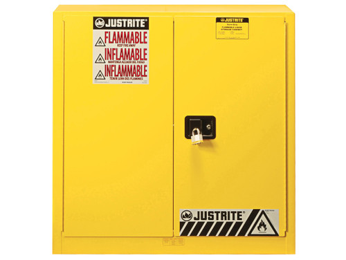 Justrite Sure-Grip Ex Flammable Safety Cabinet - Dims. 35"H - Cap. 30 Gal. - 1 Shelf - 2 M/C Doors - Yellow - 893300