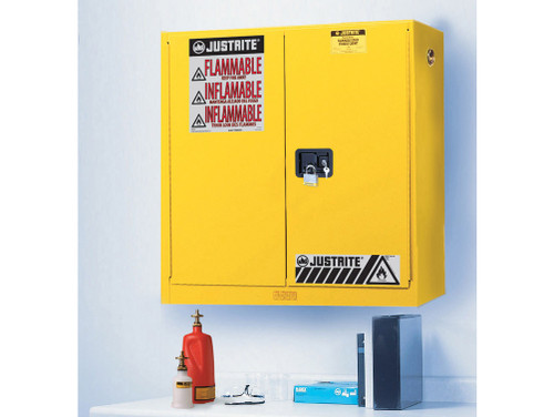 Justrite Sure-Grip Ex Wall Mount Flammable Safety Cabinet - Cap. 20 Gallons - 5 Shelves - 2 M/C Doors - Yellow - 893400