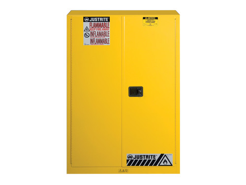 Justrite Sure-Grip Ex Flammable Safety Cabinet - Cap. 45 Gallons - 2 Shelves - 2 Manual-Close Doors - Yellow - 894500