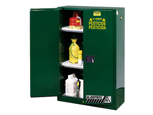 Justrite Sure-Grip Ex Pesticides Safety Cabinet - Cap. 45 Gallons - 2 Shelves - 2 Self-Close Doors - Green - 894524