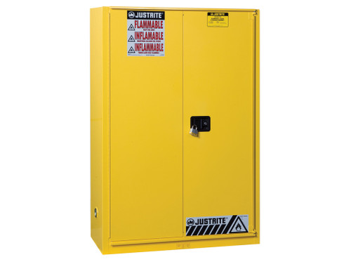 Justrite Sure-Grip Ex Combustibles Safety Cabinet For Paint And Ink - Cap. 60 Gal. - 5 Shlvs - 1 Bifld Dr - Yel - 894590