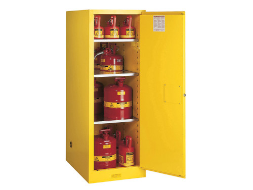 Justrite Sure-Grip Ex Deep Slimline Flammable Safety Cabinet - Cap. 54 Gallons - 3 Shlves - 1 S/C Door - Yellow - 895420