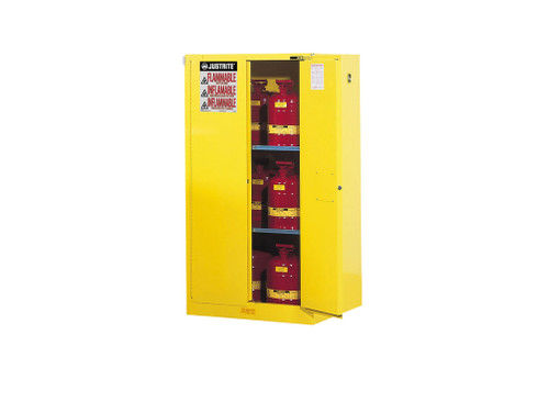 Justrite Sure-Grip Ex Flammable Safety Cabinet - Cap. 60 Gallons - 2 Shelves - 2 Self-Close Doors - Yellow - 896020