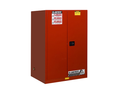 Justrite Sure-Grip Ex Flammable Safety Cabinet - Cap. 90 Gallons - 2 Shelves - 2 Manual-Close Doors - Red - 899001