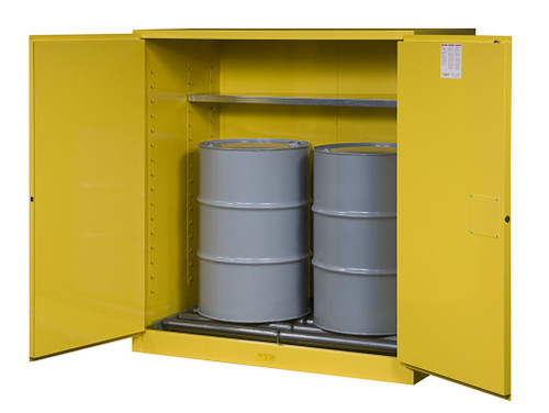 Justrite Sure-Grip Ex Vertical Drum Safety Cabinet And Drum Rollers - Cap. 110 Gal. - 1 Shlf - 2 S/C Drs - Yel. Yellow - 899170