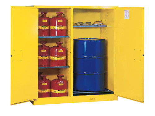 Justrite Sure-Grip Ex Dbl-Duty Safety Cabinet W/Drum Rlrs - Partition/Store Drum/Can - 3 Shlvs - 2 M/C Drs - Yel. Yellow - 899260