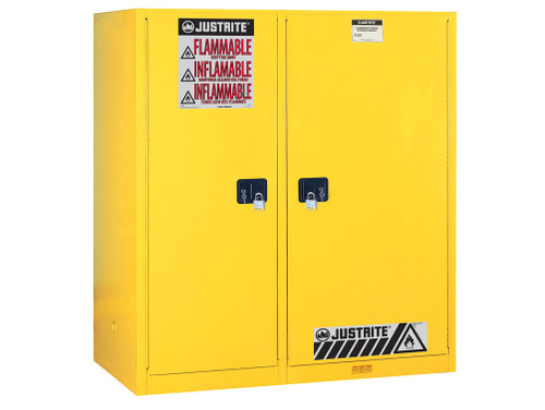 Justrite Sure-Grip Ex Dbl-Duty Safety Cabinet W/Drum Rlrs - Partition/Store Drum/Can - 3 Shlvs - 2 S/C Drs - Yel. Yellow - 899270