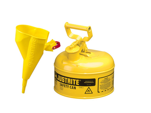 Justrite Type I Steel Safety Can For Flammables - Funnel 11202Y - 1 Gallon - S/S Flame Arrester - S/C Lid - Yellow - 7110210