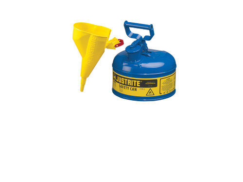 Justrite Type I Steel Safety Can For Flammables - Funnel 11202Y - 1 Gallon - S/S Flame Arrester - S/C Lid - Blue - 7110310