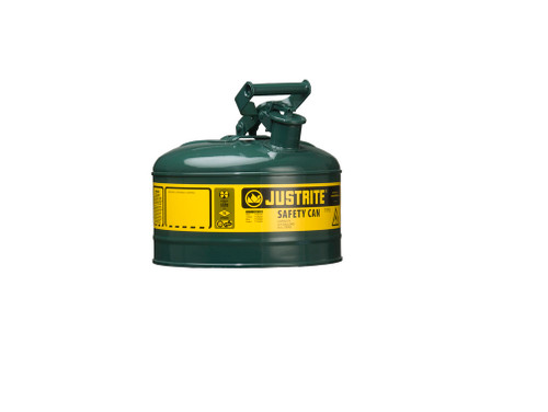 Justrite Type I Steel Safety Can For Flammables - 1 Gallon - S/S Flame Arrester - Self-Close Lid - Green - 7110400