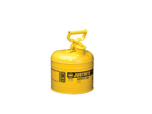 Justrite Type I Steel Safety Can For Flammables - 2 Gallon - S/S Flame Arrester - Self-Close Lid - Yellow - 7120200