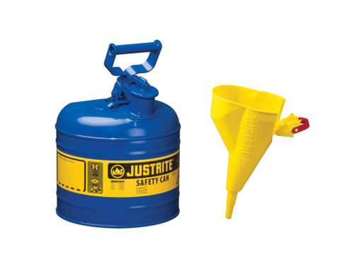 Justrite Type I Steel Safety Can For Flammables - Funnel 11202Y - 2 Gallon - S/S Flame Arrester - S/C Lid - Blue - 7120310