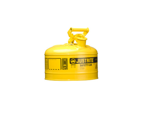 Justrite Type I Steel Safety Can For Flammables - 2.5 Gallon - S/S Flame Arrester - Self-Close Lid - Yellow - 7125200