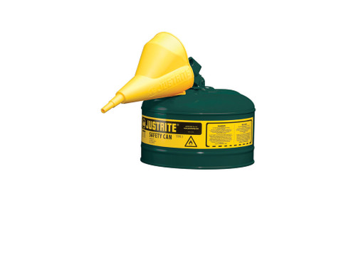Justrite Type I Steel Safety Can For Flammables - Funnel 11202Y - 2.5 Gallon - S/S Flame Arrester - S/C Lid - Grn - 7125410