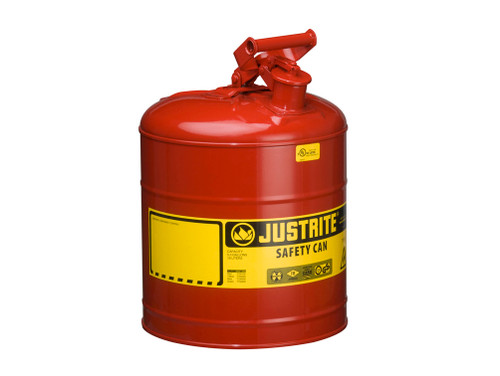 Justrite Type I Steel Safety Can For Flammables - 5 Gallon - S/S Flame Arrester - Self-Close Lid - Red - 7150100