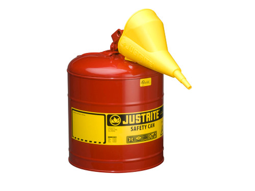 Justrite Type I Steel Safety Can For Flammables - Funnel 11202Y - 5 Gallon - S/S Flame Arrester - S/C Lid - Red - 7150110