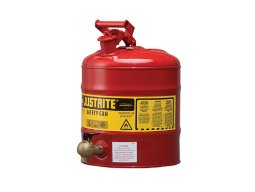 Justrite Type I Shelf Safety Can - 5 Gallon - Bottom 08540 Faucet - S/S Flame Arrester - Steel - Red - 7150140