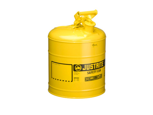 Justrite Type I Steel Safety Can For Flammables - 5 Gallon - S/S Flame Arrester - Self-Close Lid - Yellow - 7150200