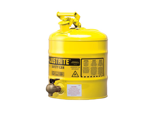 Justrite Type I Shelf Safety Can - 5 Gallon - Bottom 08540 Faucet - S/S Flame Arrester - Steel - Yellow - 7150240