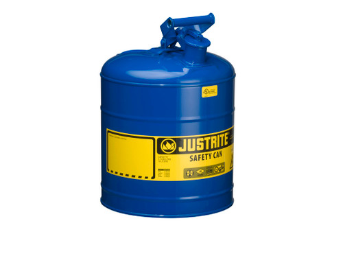 Justrite Type I Steel Safety Can For Flammables - 5 Gallon - S/S Flame Arrester - Self-Close Lid - Blue - 7150300