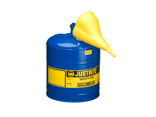 Justrite Type I Steel Safety Can For Flammables - Funnel 11202Y - 5 Gallon - S/S Flame Arrester - S/C Lid - Blue - 7150310